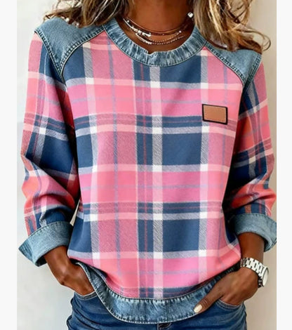 Sweat-shirt en jean patchwork pour femme – Pull ras-du-cou à motif floral