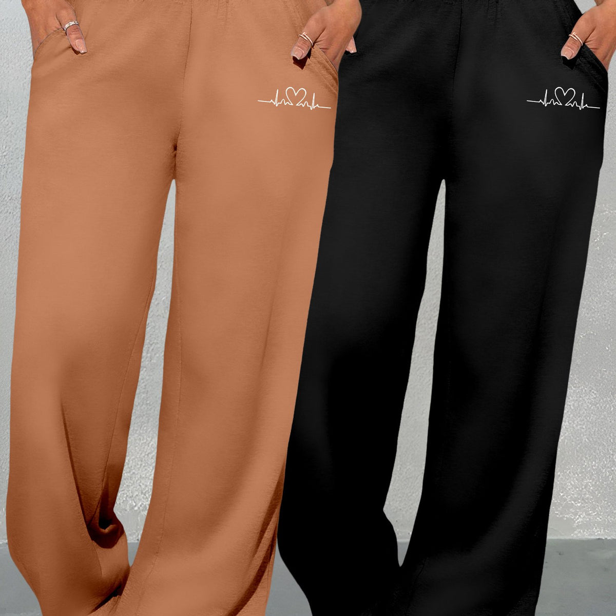 Ensemble deux pièces imprimé cœurs géométriques pour femme – Pantalon large taille haute