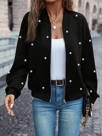 Veste de baseball ornée de perles – Vêtement d'extérieur élégant boutonné pour femme