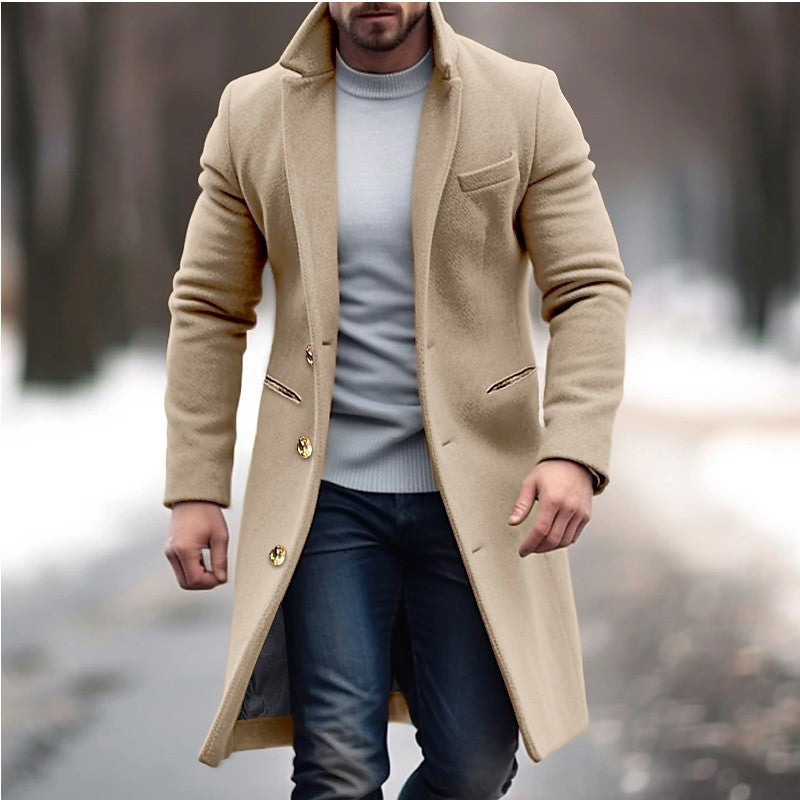 Loom & Soul™ Men’s Winter Wool Trench Coat – Classic Lapel Single-Breasted Long Jacket