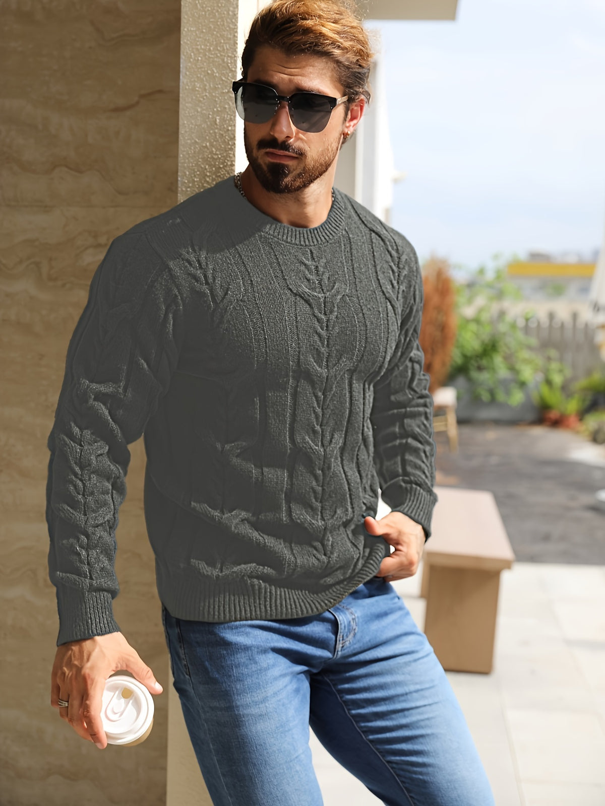 Suéter de punto a rayas para hombre – Suéter suave con cuello redondo y ribete acanalado
