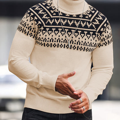 Men’s Geometric Turtleneck Sweater – Casual Knit Pullover for Fall & Winter