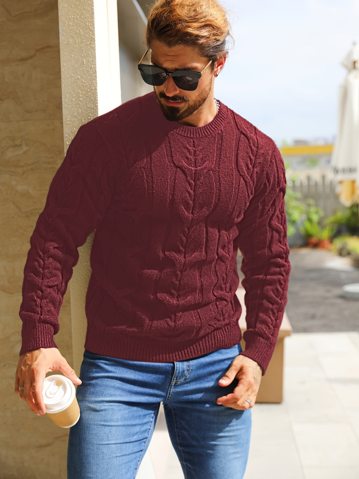 Suéter de punto a rayas para hombre – Suéter suave con cuello redondo y ribete acanalado