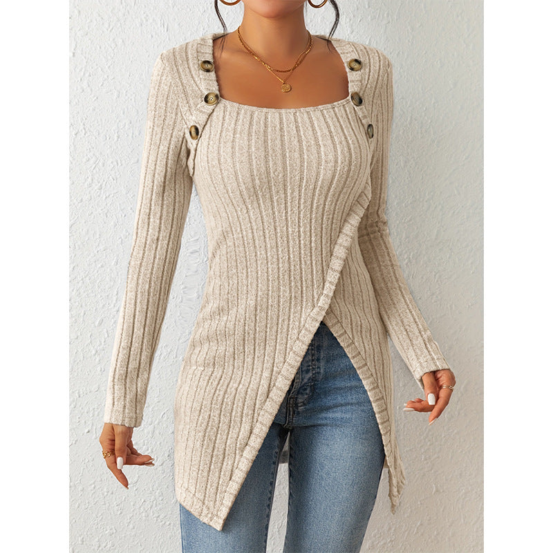 Pull fendu à col carré et épaules dénudées pour femme – Haut en maille élégant