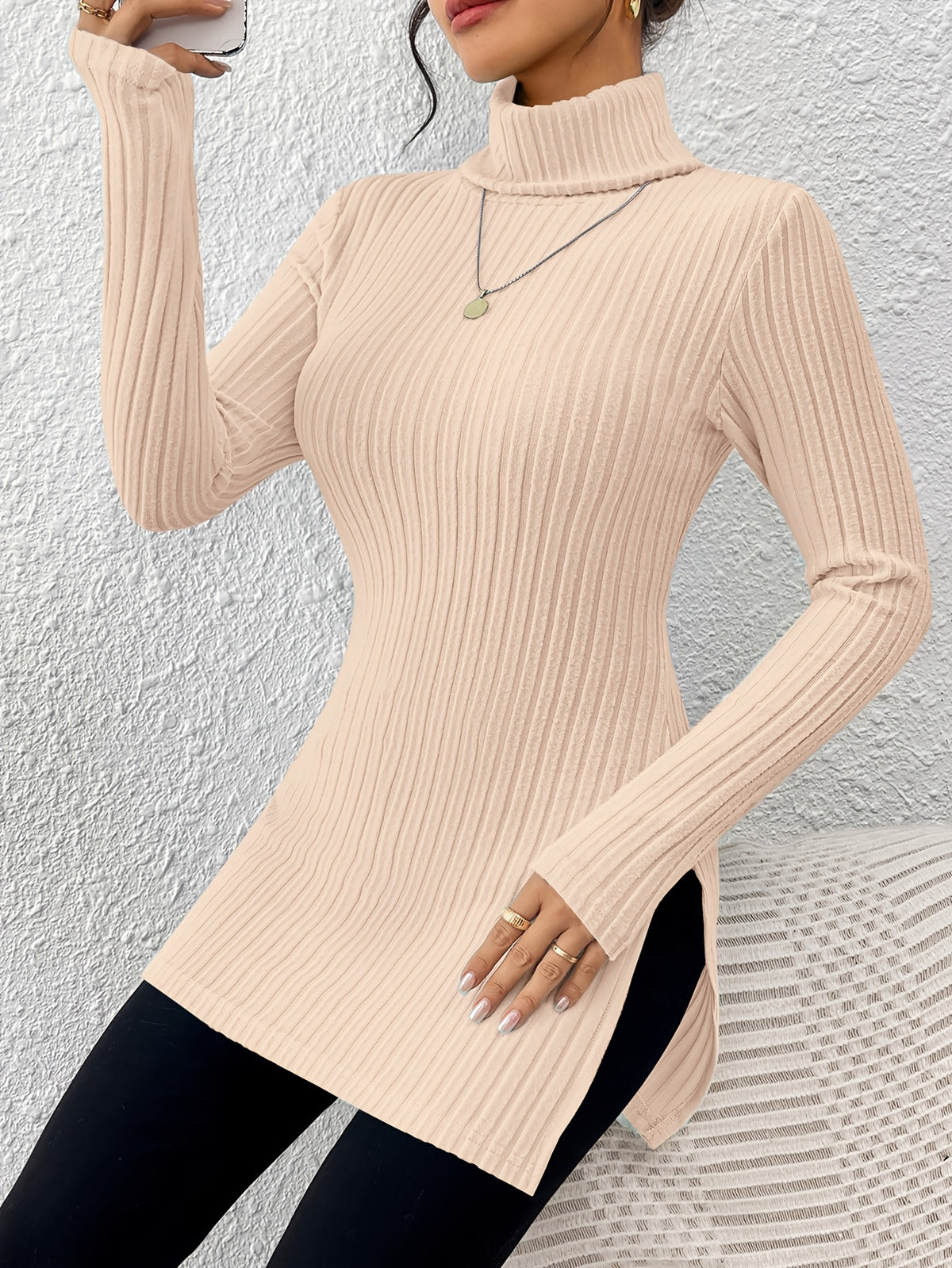 Haut élégant à col roulé pour femme – Tricot doux à manches longues et col montant