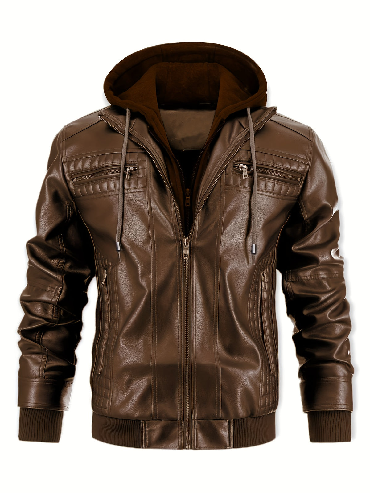 Men’s PU Leather Bomber Jacket – Zip-Up w/ Removable Hood
