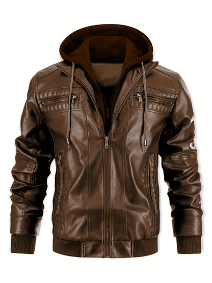Men’s PU Leather Bomber Jacket – Zip-Up w/ Removable Hood