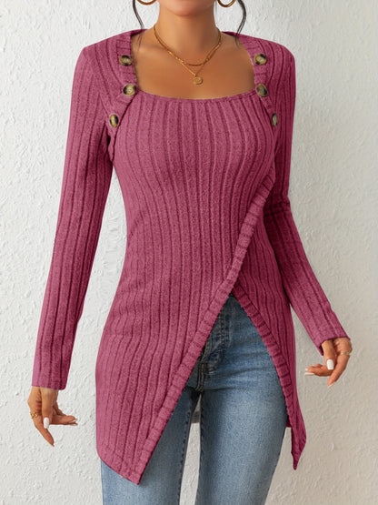 T-shirt en maille ajusté pour femme – Haut à manches longues et col carré