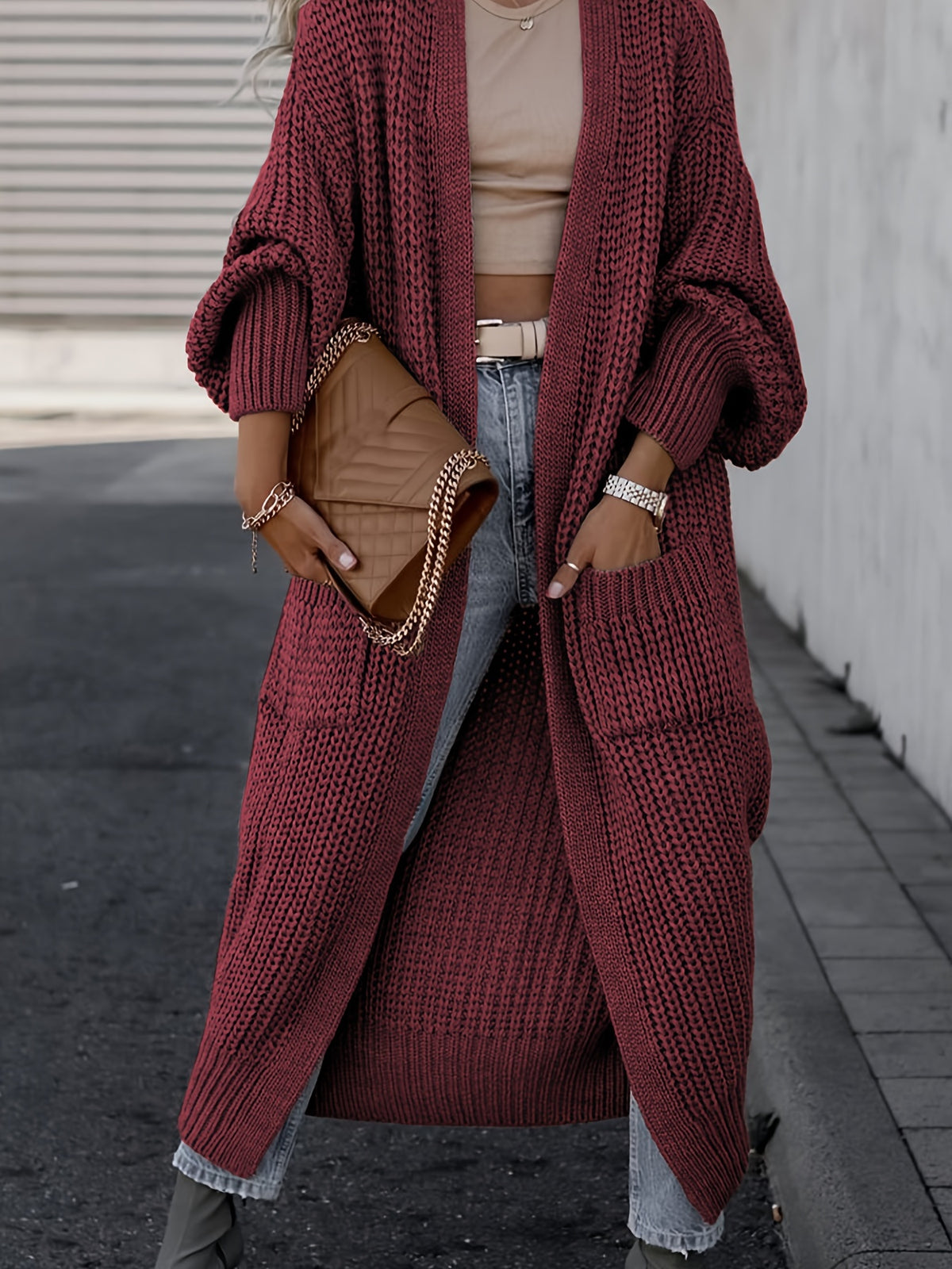 Elegant Deep V-Neck Ribbed Cardigan – Women’s Fall/Winter Knit Sweater