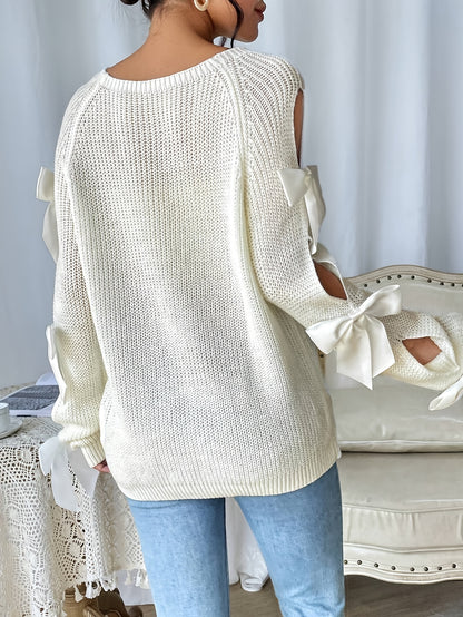 Chandail à manches creuses et nœud papillon – Haut en tricot élégant à col rond pour femme
