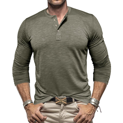 Camisa Henley de manga larga para hombre - Pulóver informal de algodón Slub