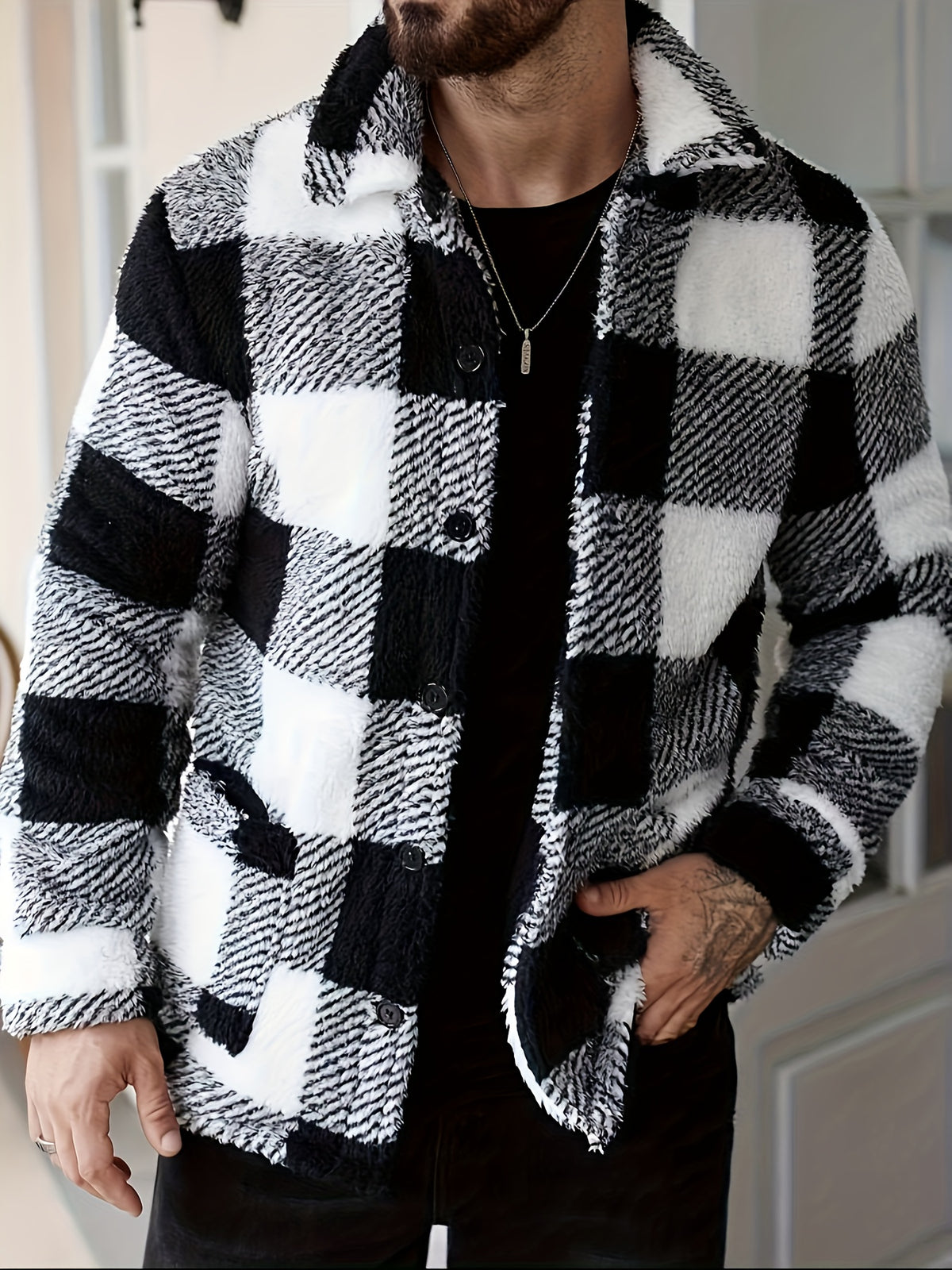 Men’s Black & White Plaid Fleece Jacket – Cozy Winter Overshirt