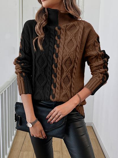 Elegant High-Neck Striped Blouse – Color-Block Knit Long Sleeve Top
