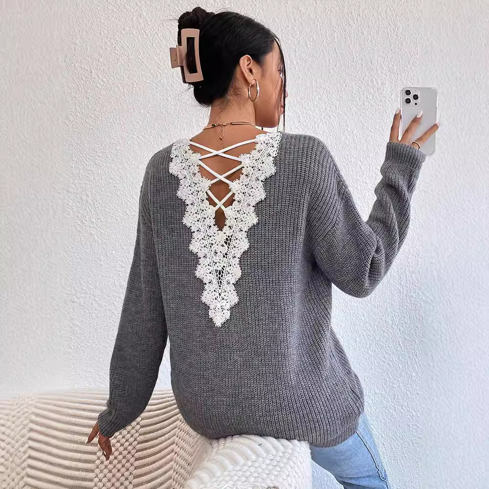 Pull sans manches col V dos nu Y2K pour femme – Tricot streetwear à bandes