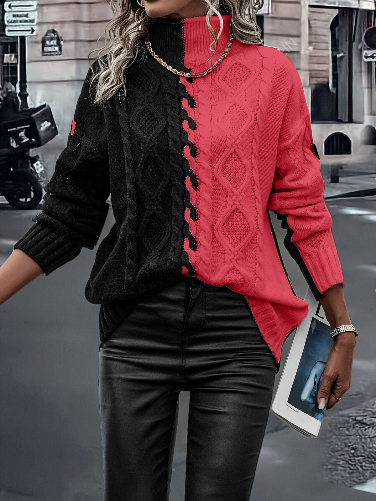 Elegant High-Neck Striped Blouse – Color-Block Knit Long Sleeve Top