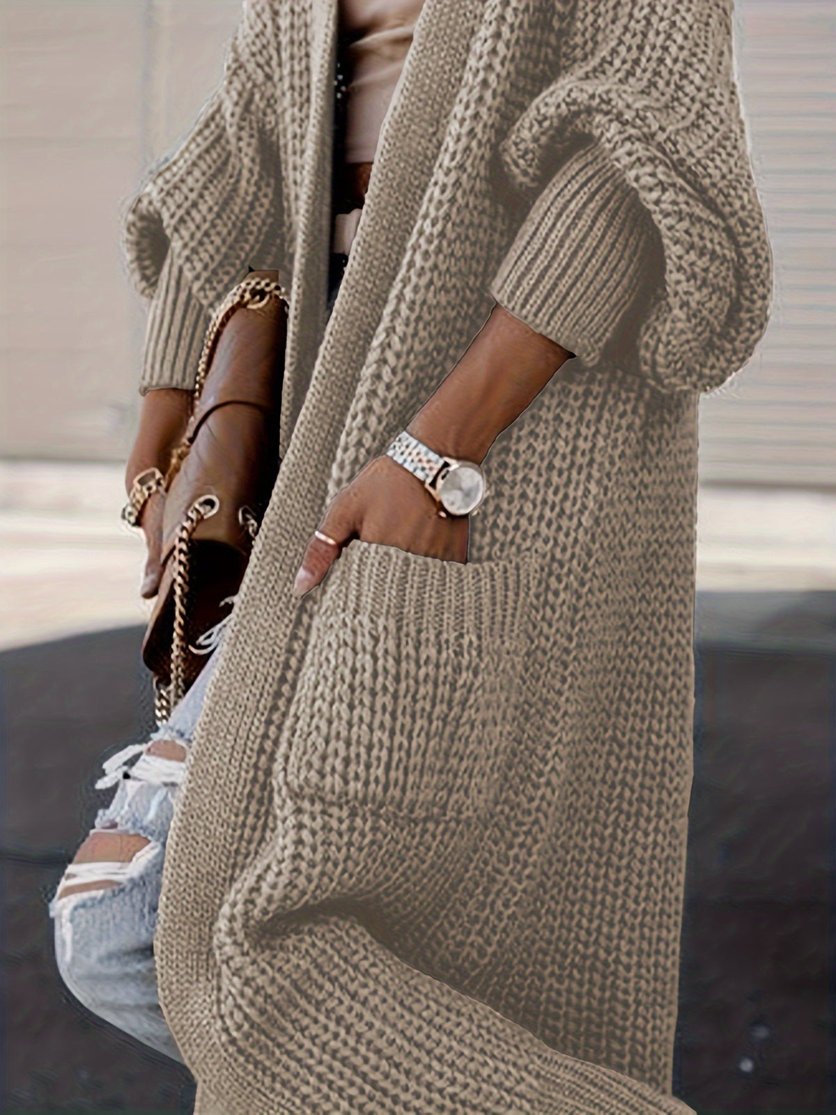 Elegant Deep V-Neck Ribbed Cardigan – Women’s Fall/Winter Knit Sweater