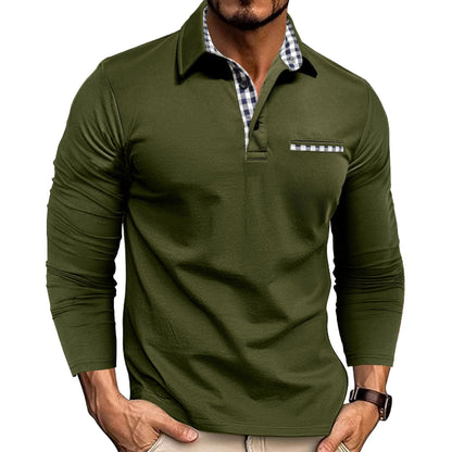 Polo à manches longues tissé et carreaux avec empiècements pour homme Loom & Soul™ – Haut décontracté de couleur unie