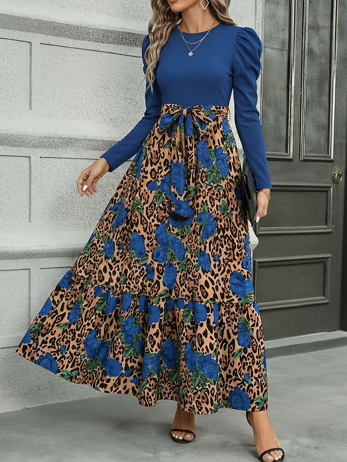 Leopard Print Patchwork Tie-Waist Dress – Elegant Long Sleeve Fitted Dress