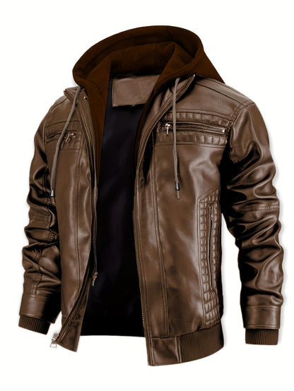 Men’s PU Leather Bomber Jacket – Zip-Up w/ Removable Hood