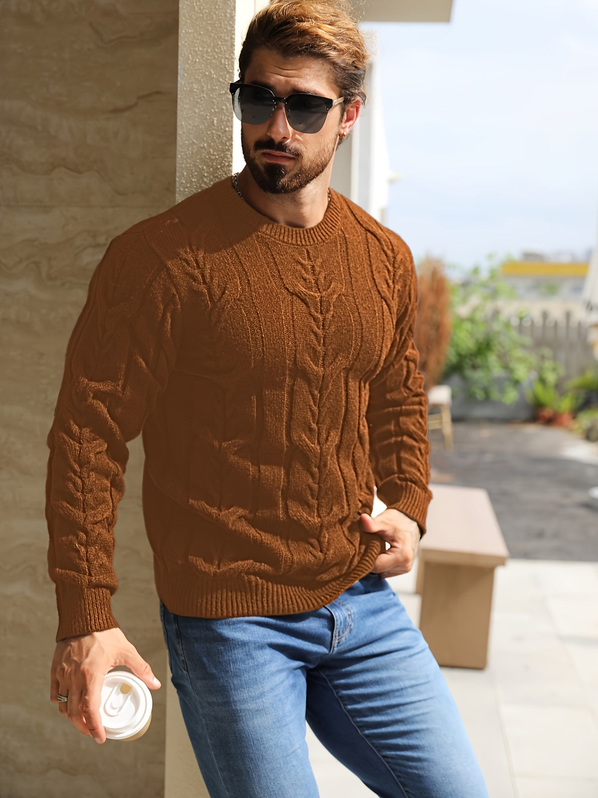 Suéter de punto a rayas para hombre – Suéter suave con cuello redondo y ribete acanalado