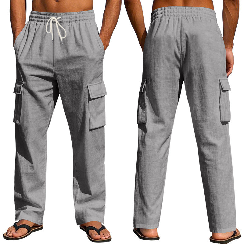 Loom & Soul™ Men’s Linen Cargo Pants – Multi-Pocket Breathable Straight-Leg Workwear Trousers