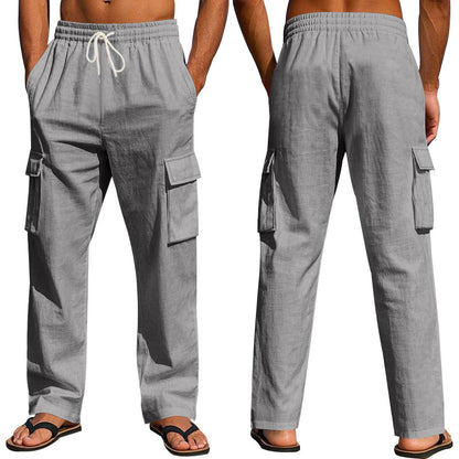 Loom & Soul™ Men’s Linen Cargo Pants – Multi-Pocket Breathable Straight-Leg Workwear Trousers