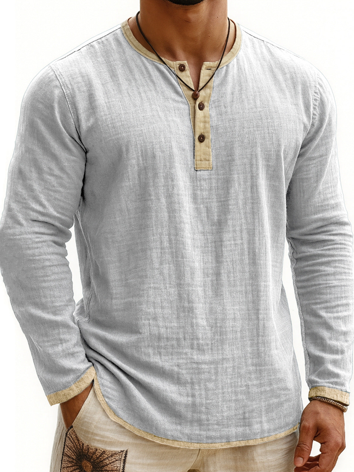 Chemise Henley Homme à Manches Longues Slim Fit à 3 Boutons et Imprimé Numérique Bicolore