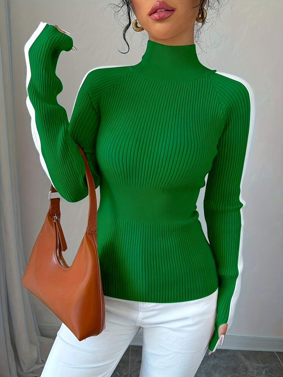 Women’s Color Block Turtleneck Sweater – Elegant Soft Knit Top
