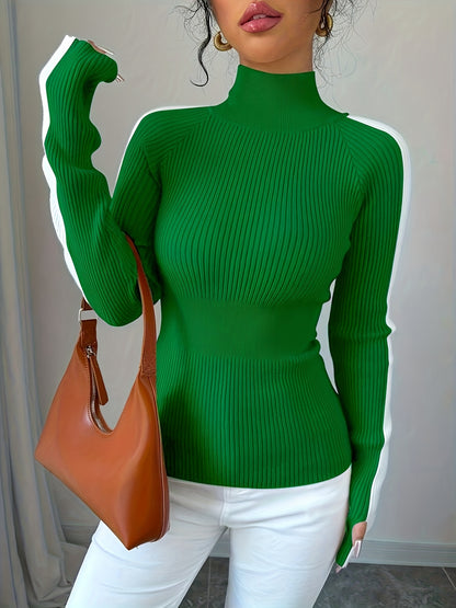 Women’s Color Block Turtleneck Sweater – Elegant Soft Knit Top