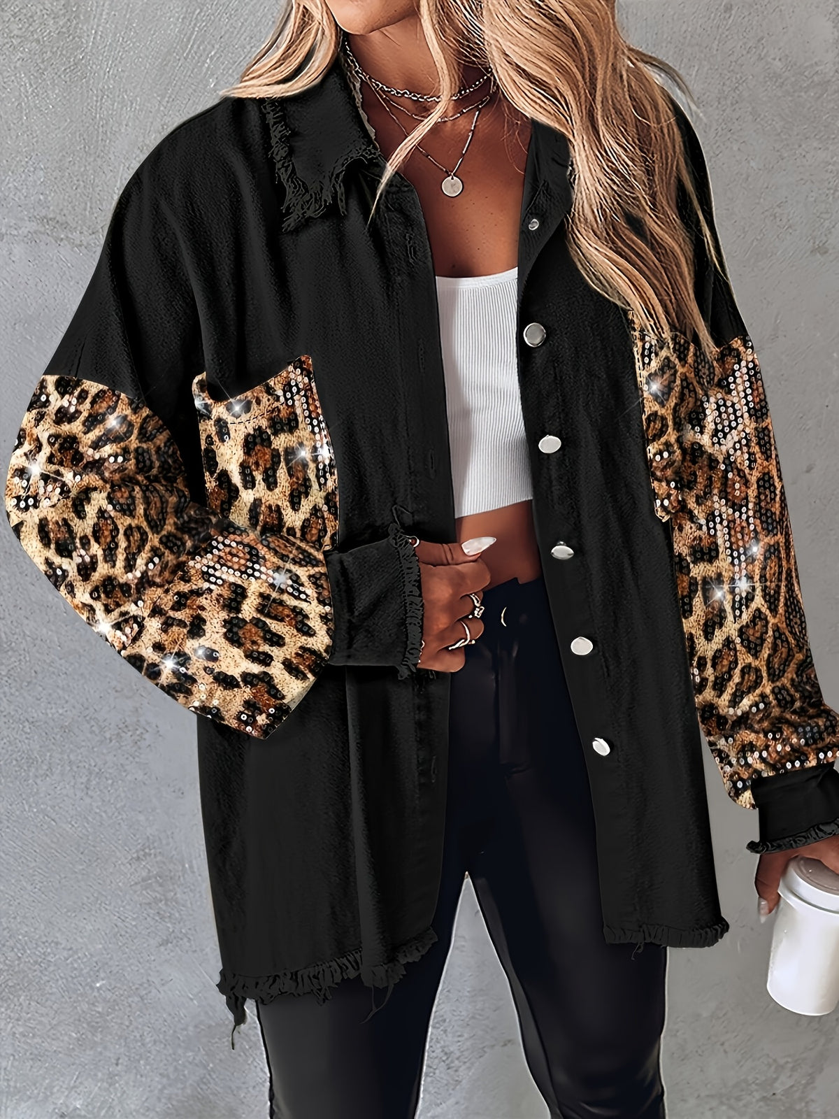 Veste chemise patchwork à paillettes et pampilles pour femme – Veste à manches longues contrastantes duveteuses