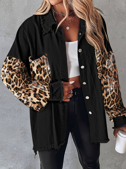 Veste chemise patchwork à paillettes et pampilles pour femme – Veste à manches longues contrastantes duveteuses