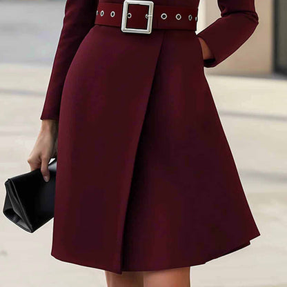 Women’s Stand Collar Belted Midi Dress – Slim Fit Office Elegance