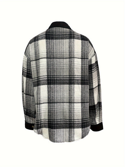 Shacket à carreaux pour femme – Col à revers, boutonnée, épaules tombantes, automne/printemps