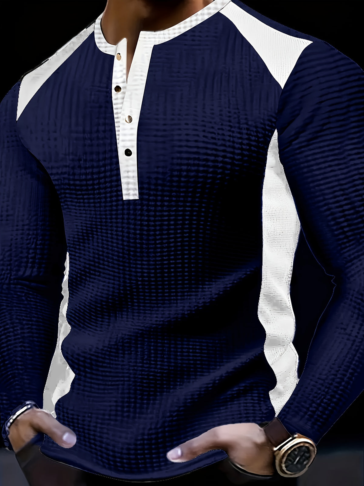 Men’s Waffle Henley Shirt – White & Black All-Season Button Top