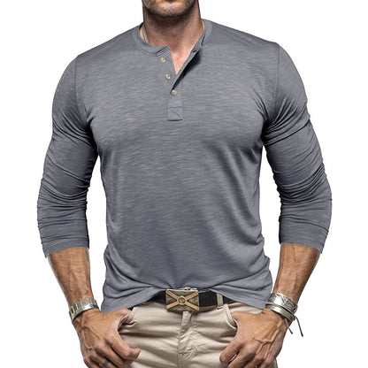 Camisa Henley de manga larga para hombre - Pulóver informal de algodón Slub