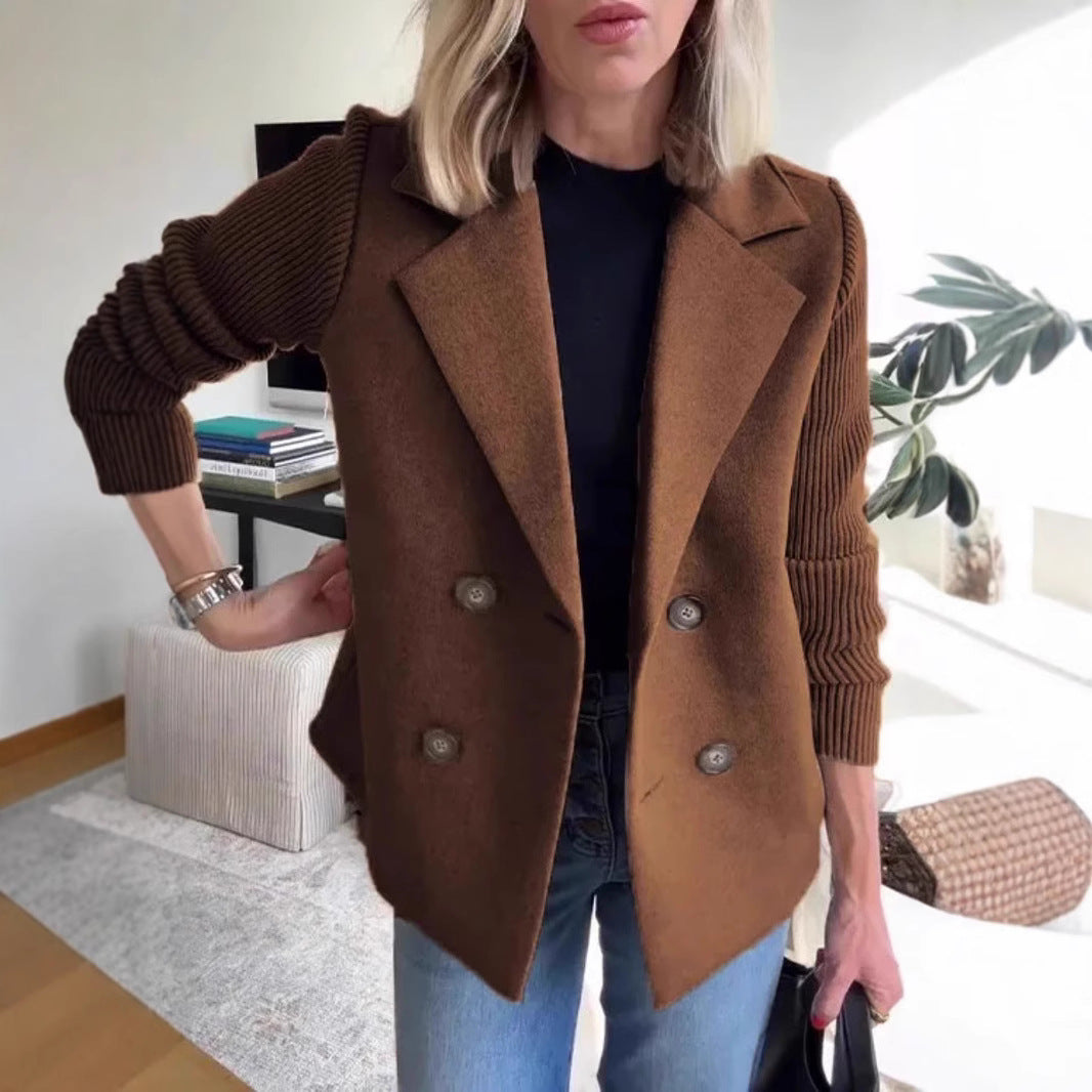 Women’s Double-Breasted Lapel Jacket – Knit Sleeve Spliced Coat