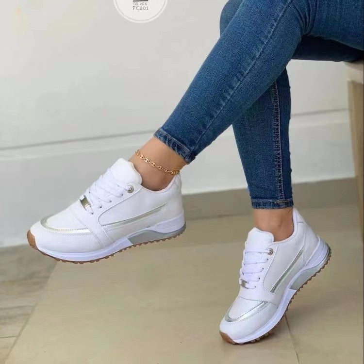 Loom & Soul™ Women’s Flat Lace-Up Sneakers – Breathable Patent PU Casual Shoes with Soft PU Sole