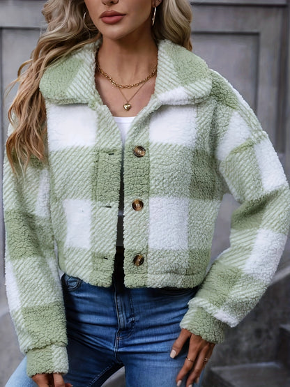 Manteau en peluche à carreaux pour femme – Vêtement d'extérieur chaud à carreaux pour l'automne/hiver avec boutons