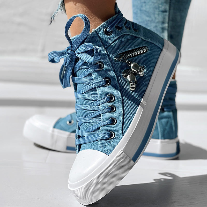 Skull Pattern Sneakers – Lace-Up Mid-Top Casual Streetwear Shoes
