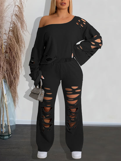 Conjunto de 2 piezas para mujer, hombros descubiertos, efecto envejecido – Top de manga larga y pantalón rasgado