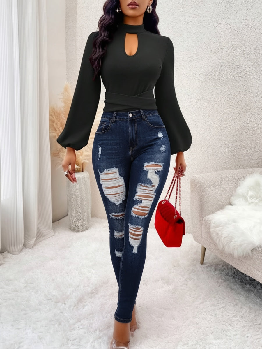 Women’s High Waist Ripped Skinny Jeans – Dark Wash Distressed Denim