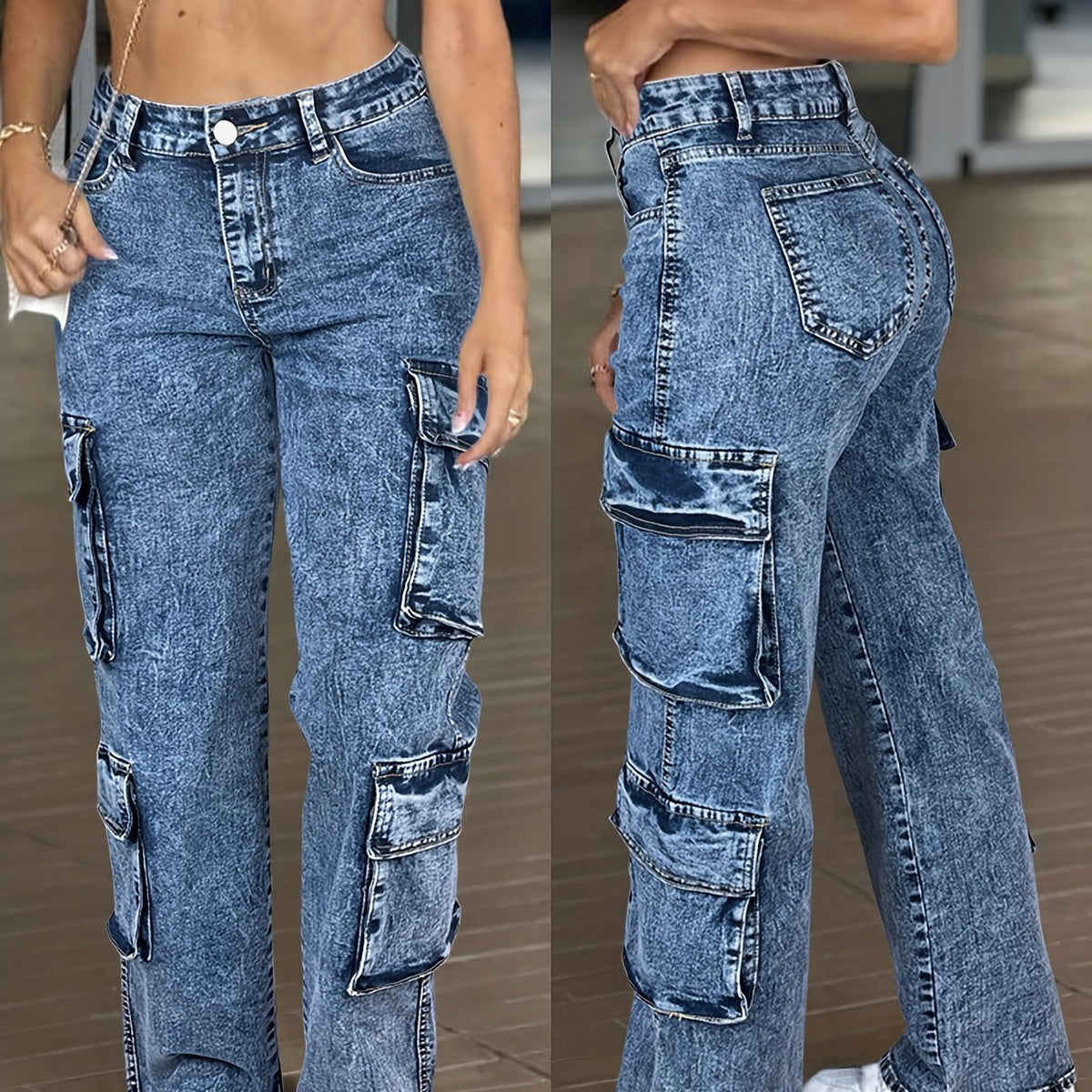 Jean cargo taille haute pour femme – Pantalon en jean multipoches style workwear