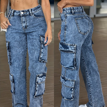 Jean cargo taille haute pour femme – Pantalon en jean multipoches style workwear