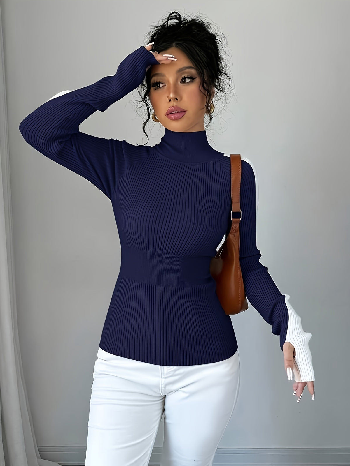 Women’s Color Block Turtleneck Sweater – Elegant Soft Knit Top