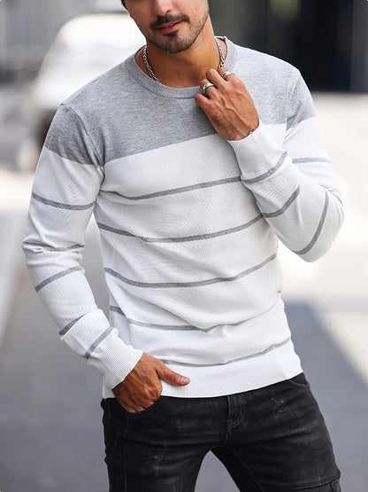 Men’s Navy Striped Knit Sweater – Casual Crew Neck Pullover