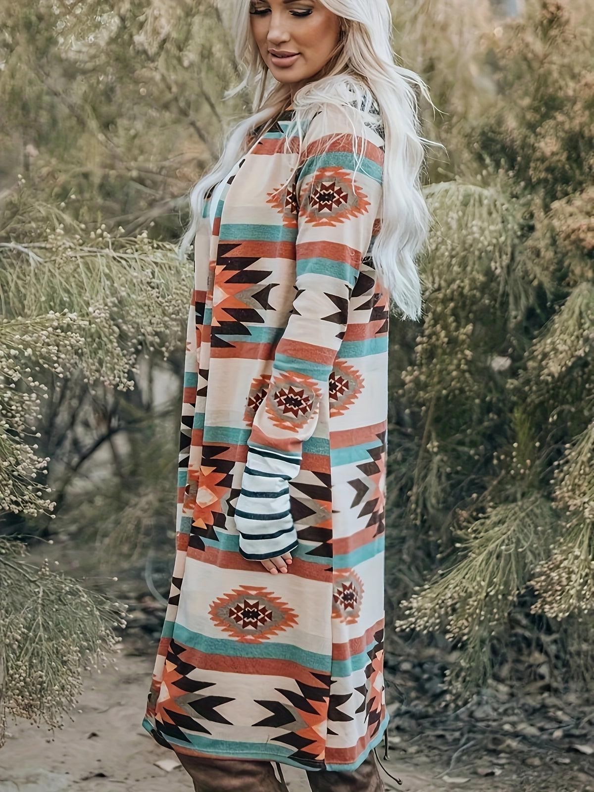 Southwestern Aztec Print Cardigan – Women’s Turquoise & Red Knit Jacket