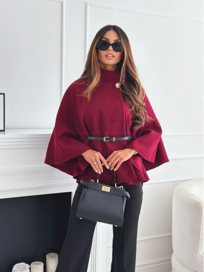 Loom & Soul Batwing Cloak Top – Stand Collar Woolen Belted Jacket for Women