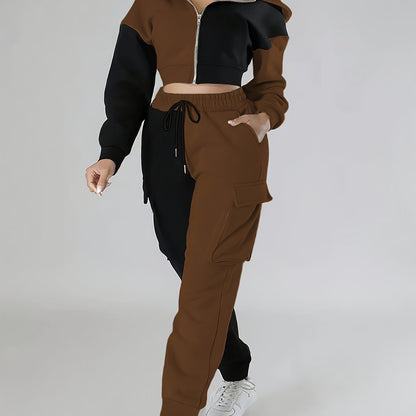 Colorblock Hooded Jacket & Cargo Pants Set – Women’s Zip-Up Two-Piece