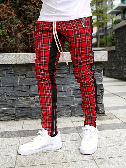 Men’s Red & Black Plaid Joggers – 3D Knit Streetwear Trousers