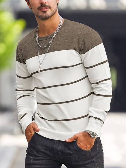Men’s Navy Striped Knit Sweater – Casual Crew Neck Pullover